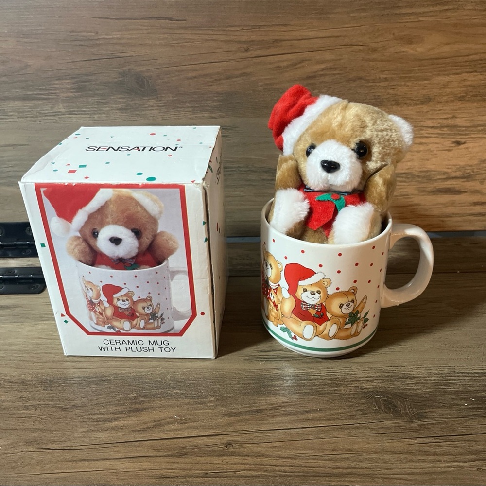 Sensation Holiday Bear Mug With Plush Toy Korea Vtg Box